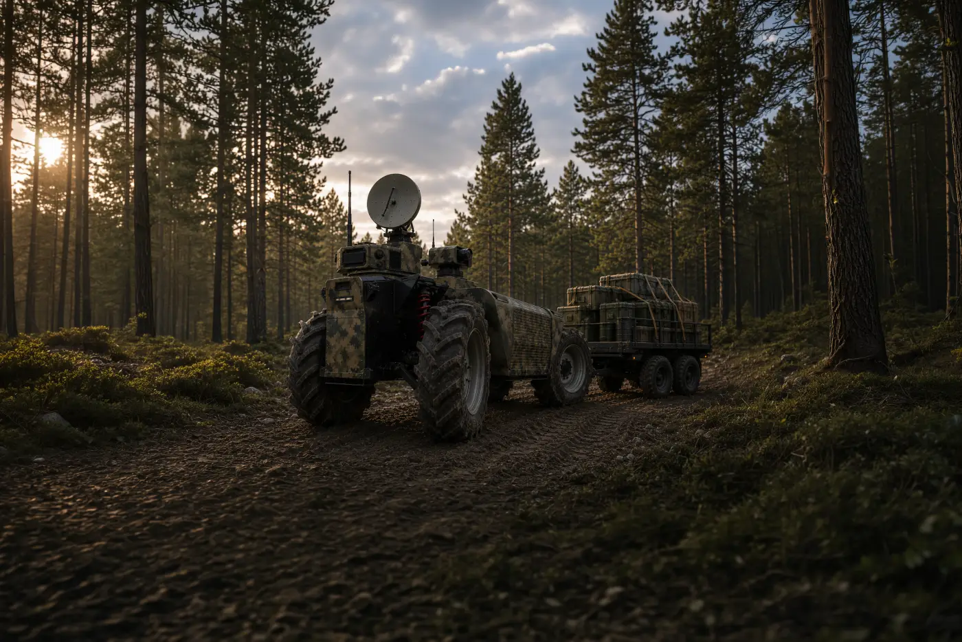 Voltrac Thor defence variant towing a trailer through a forest